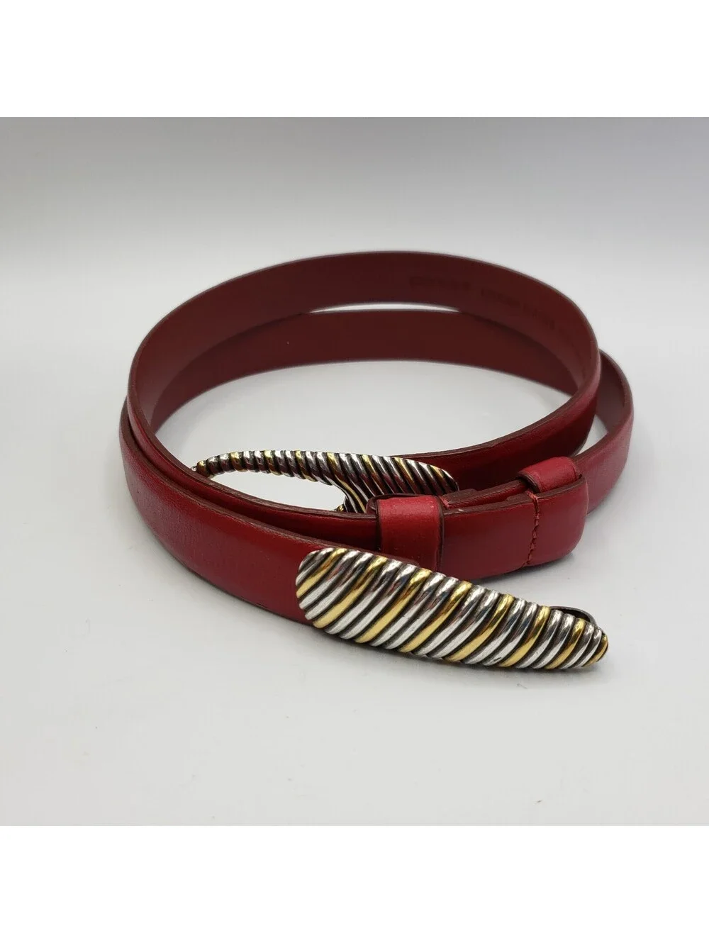 Chico's Red Leather Belt Adjustable M/L # 79984 Silver Gold Buckle
